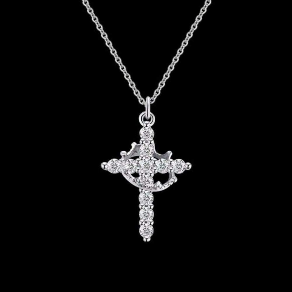 Sterling Silver Crystal Cross Pendant Necklace - Silver